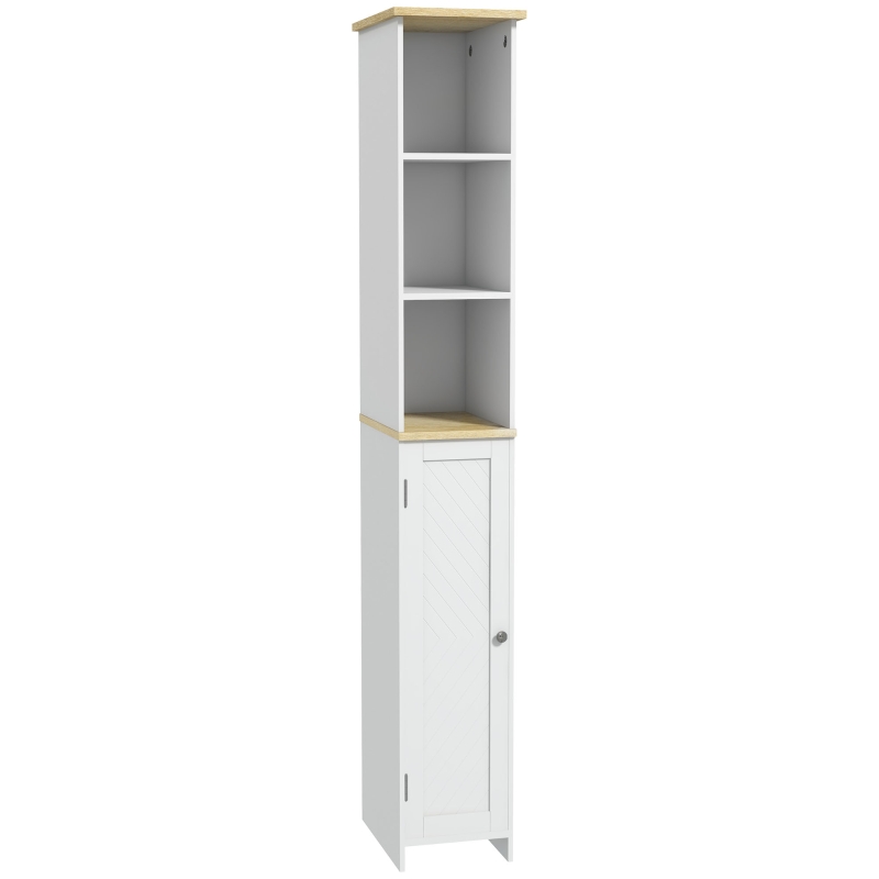 kleankin Narrow Bathroom Storage Cabinet, Freestanding Bathroom Cabinet with Open Shelves, Chevron Door and Adjustable Shelf, White