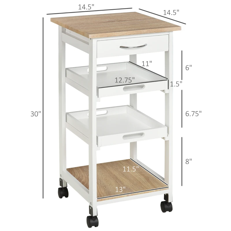 HOMCOM Bar Cart, 4-Tier Kitchen Cart with Removable Serving Tray, Kitchen Shelves on Wheels with Drawer for Dining Room, Living Room, White