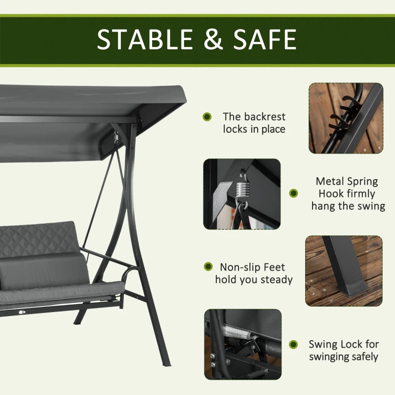 Outsunny 3 Person Patio Swing Chair Bed, Converting Flatbed, Outdoor Porch Swing Bed Glider with Adjustable Canopy, Removable Cushions, Pillows, for Garden, Poolside, Backyard, Dark Gray