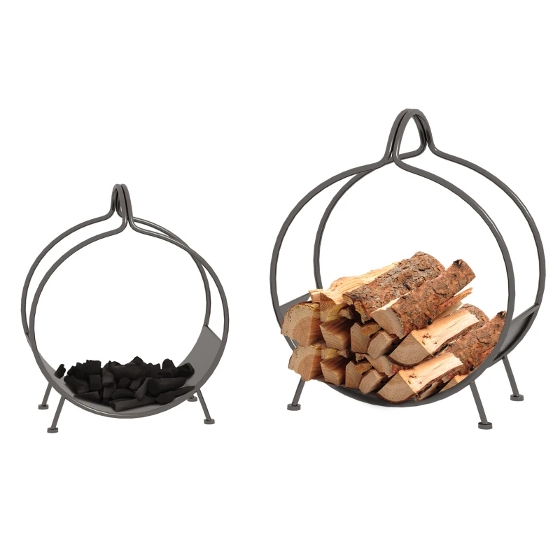Outsunny 2-Piece Firewood Rack, 15 inch and 12 inch Round Log Holder for Fireplace, Outdoor Indoor Wood Storage Stacker, Black