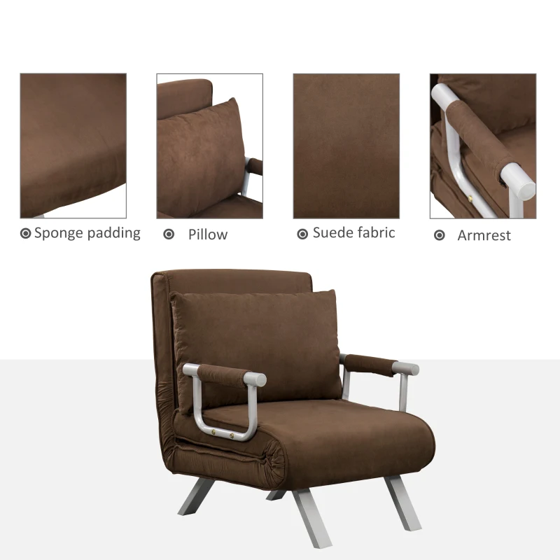 HOMCOM Adjustable Folding Convertible Single Sleeper Sofa Bed Chair Lounge Couch with Pillow (Brown)