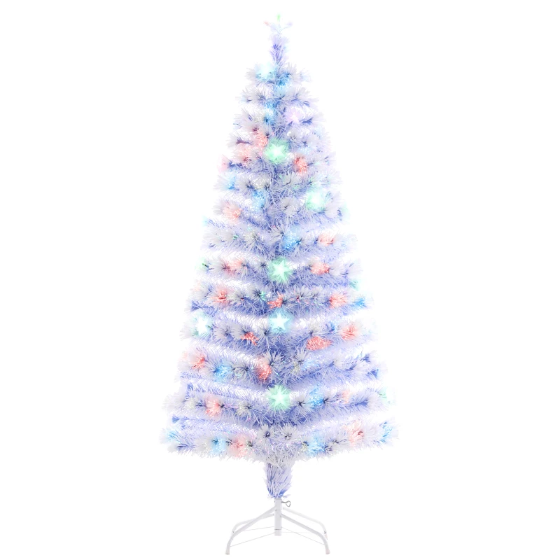 HOMCOM 5ft Tall Pre-Lit Douglas Fir Artificial Christmas Tree with Realistic Branches, Multi-Color LED Lights, Fiber Optics and 180 Tips - White/Blue