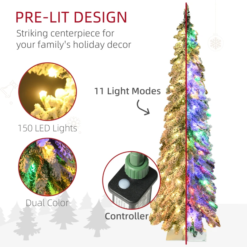 HOMCOM 5' Artificial Slim Christmas Trees, with Snow Frosted Branches, Warm White or Colorful LED Lights, Downswept Shape