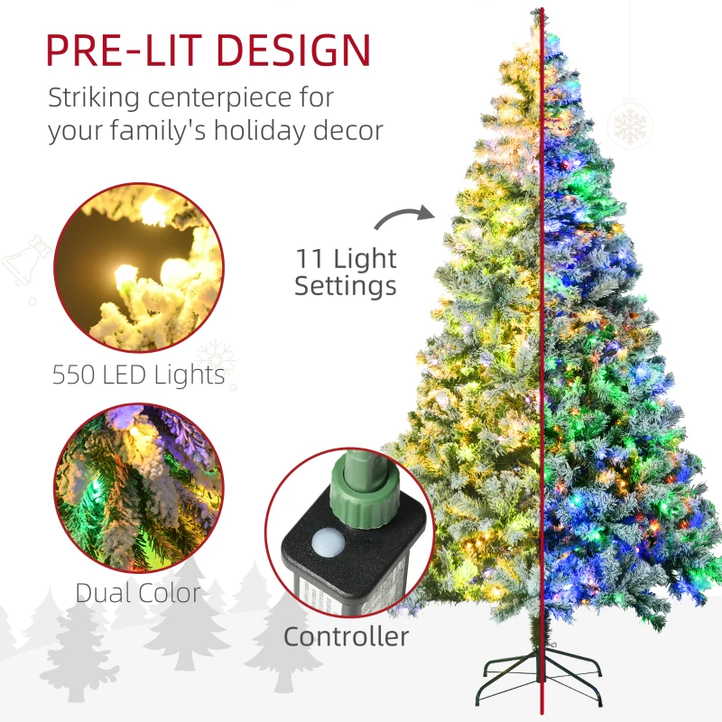 HOMCOM 7.5' Artificial Snow Christmas Trees with Frosted Branches, Warm White or Colorful LED Lights, Steel Base