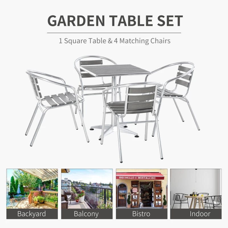 Outsunny 5-Piece Outdoor Patio Bistro Table Set with Aluminum Frame, Woodgrain-Style Tabletop & Draining Slat Design