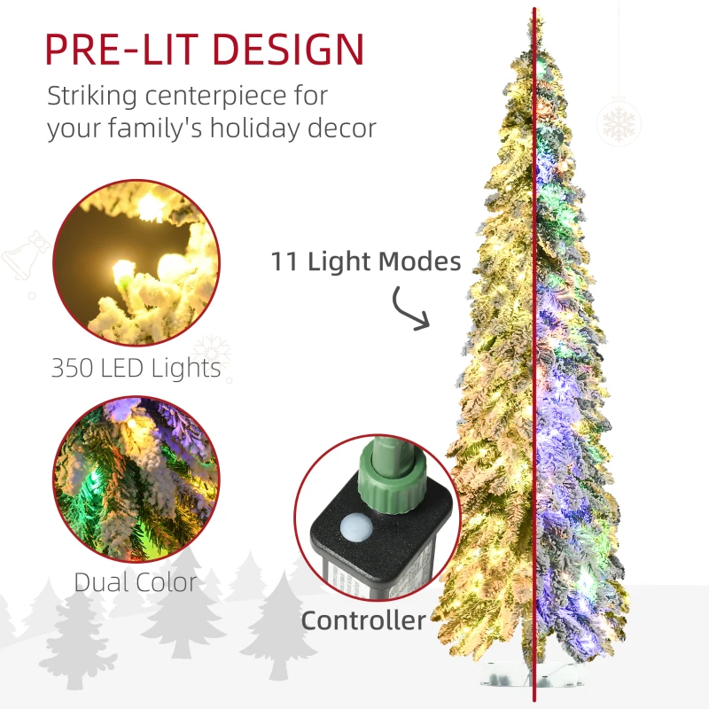 HOMCOM 6' Artificial Slim Christmas Trees, with Snow Frosted Branches, Warm White or Colorful LED Lights, Downswept Shape