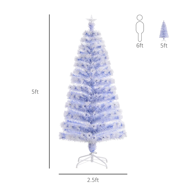 HOMCOM 5ft Tall Pre-Lit Douglas Fir Artificial Christmas Tree with Realistic Branches, Multi-Color LED Lights, Fiber Optics and 180 Tips - White/Blue