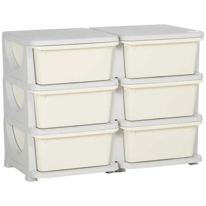 Qaba 3 Tier Kids Storage Unit, 6 Drawer Chest Toy Organizer Plastic Bins for Kids Bedroom Nursery Kindergarten Living Room for Boys Girls Toddlers, Cream