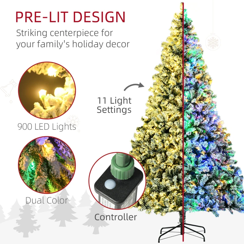 HOMCOM 9' Artificial Snow Christmas Trees with Frosted Branches, Warm White or Colorful LED Lights, Steel Base