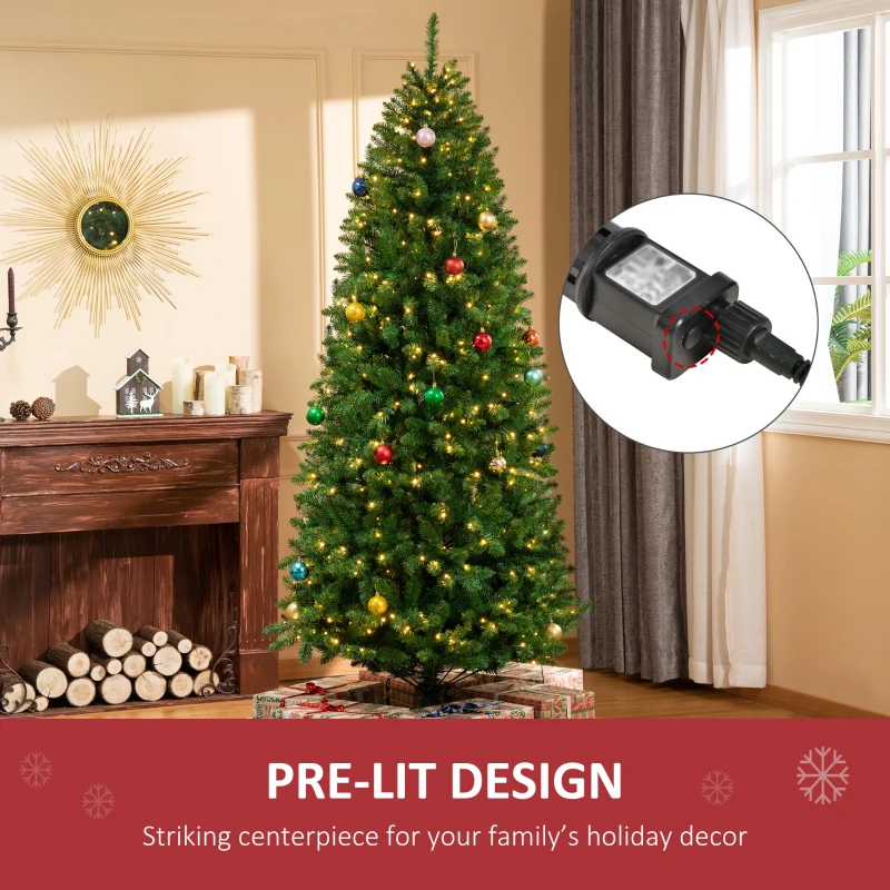 HOMCOM 7.5ft Tall Pre-lit Pine Artificial Christmas Tree with Realistic Branches, 450 Warm White LED Lights and 1146 Tips