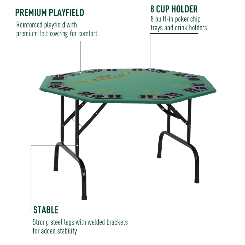 Soozier Poker Table Foldable, 47" Octagon Blackjack Poker Game Table for 8 Players with Cup Holders and Chips Tray, Green Felt
