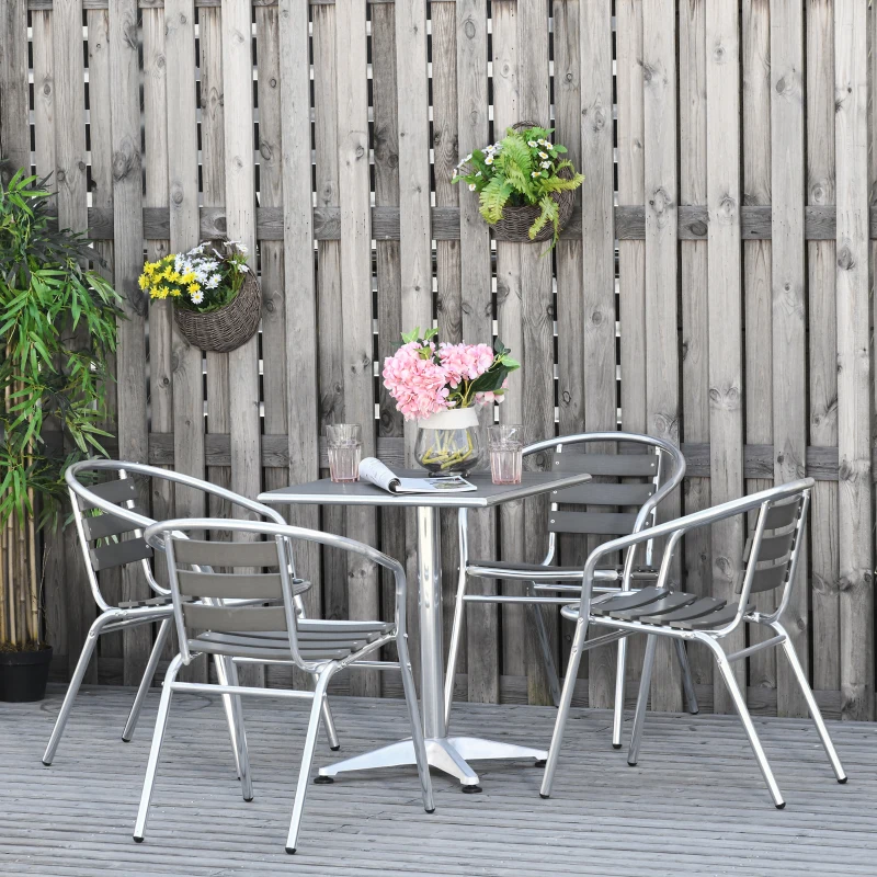 Outsunny 5-Piece Outdoor Patio Bistro Table Set with Aluminum Frame, Woodgrain-Style Tabletop & Draining Slat Design