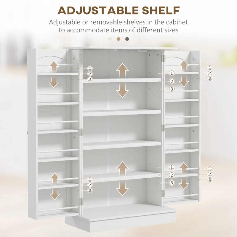 HOMCOM Freestanding Kitchen Pantry Cabinet, Kitchen Sideboard Cabinet with 12 Door Shelves, Double Doors, 5-tier Shelving, Paper White