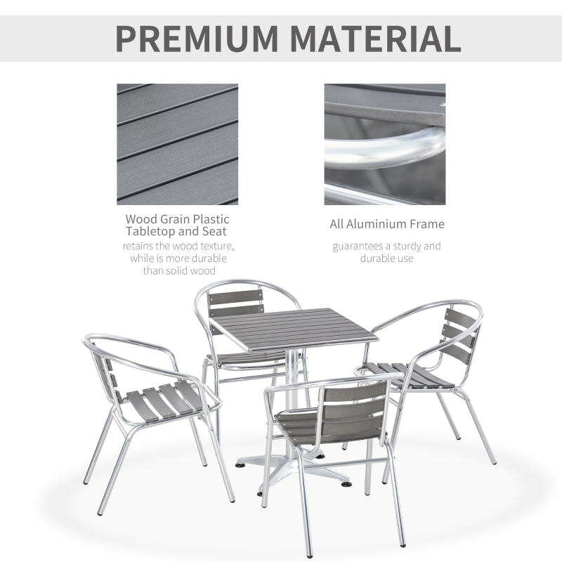 Outsunny 5-Piece Outdoor Patio Bistro Table Set with Aluminum Frame, Woodgrain-Style Tabletop & Draining Slat Design