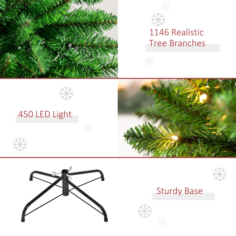 HOMCOM 7.5ft Tall Pre-lit Pine Artificial Christmas Tree with Realistic Branches, 450 Warm White LED Lights and 1146 Tips