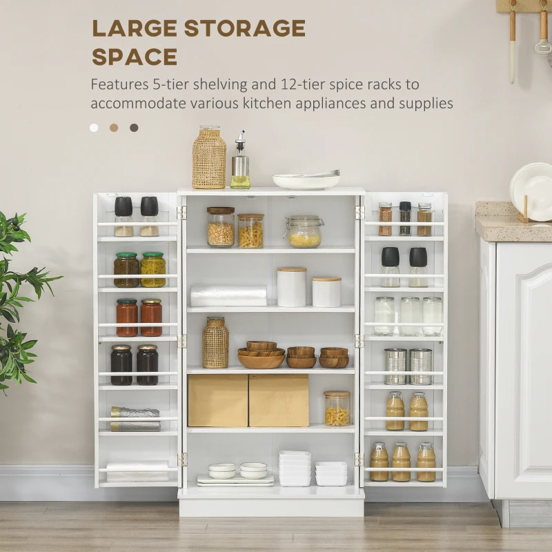 HOMCOM Freestanding Kitchen Pantry Cabinet, Kitchen Sideboard Cabinet with 12 Door Shelves, Double Doors, 5-tier Shelving, Paper White