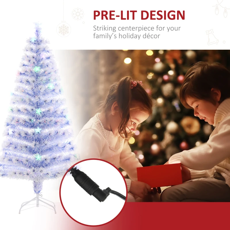 HOMCOM 5ft Tall Pre-Lit Douglas Fir Artificial Christmas Tree with Realistic Branches, Multi-Color LED Lights, Fiber Optics and 180 Tips - White/Blue
