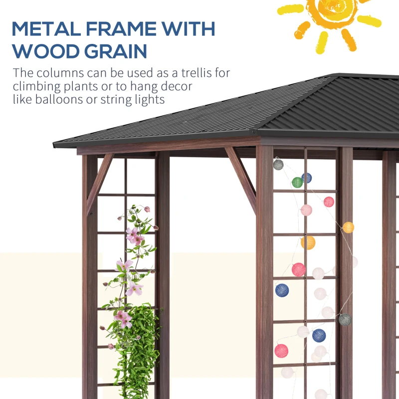 Outsunny 10' x 12' Hardtop Gazebo with Galvanized Steel Roof, Wood Grain Steel Frame, Heavy Duty Permanent Pavilion Outdoor Gazebo, for Garden, Patio, Backyard, Deck, Lawn