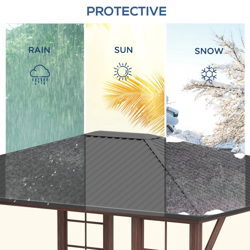 Outsunny 10' x 12' Hardtop Gazebo with Galvanized Steel Roof, Wood Grain Steel Frame, Heavy Duty Permanent Pavilion Outdoor Gazebo, for Garden, Patio, Backyard, Deck, Lawn