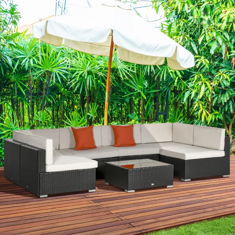 Outsunny 7 Piece Outdoor Patio Furniture Set, PE Rattan Wicker Sectional Sofa Set with Buckling Couch Cushions, Throw Pillows & Coffee Table, Dark Brown, Beige, Orange