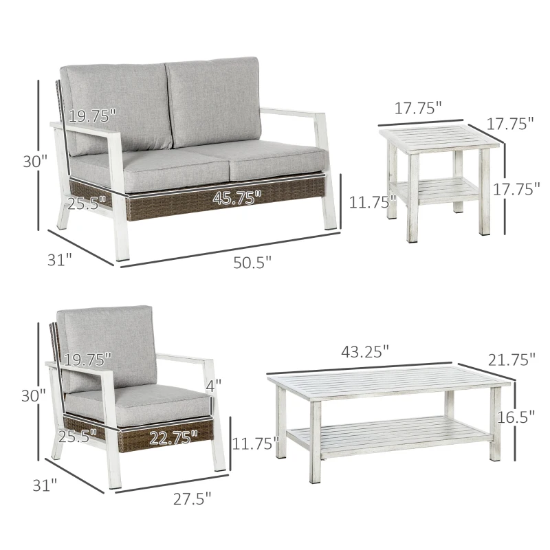 Outsunny Aluminum Patio Furniture Set, 5 Piece Modern Outdoor Conversation Set with Loveseat Sofa, Chairs, Cushions, Coffee Table & Side Table, Gray