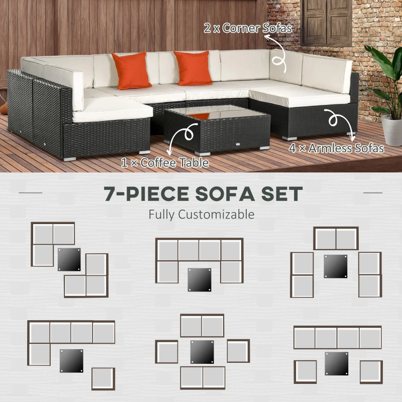 Outsunny 7pc Wicker Sectional Set Outdoor Sofa Set Backyard Patio Furniture with Buckle Connected No Screws Assembly