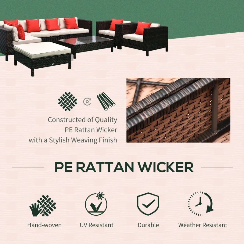 Outsunny Patio Furniture Set, 9 Piece Outdoor Sectional Sofa, All-Weather PE Rattan Wicker Conversation Set with Chairs, Ottoman, Loveseat, Coffee and Side Table, Cushions, Sand