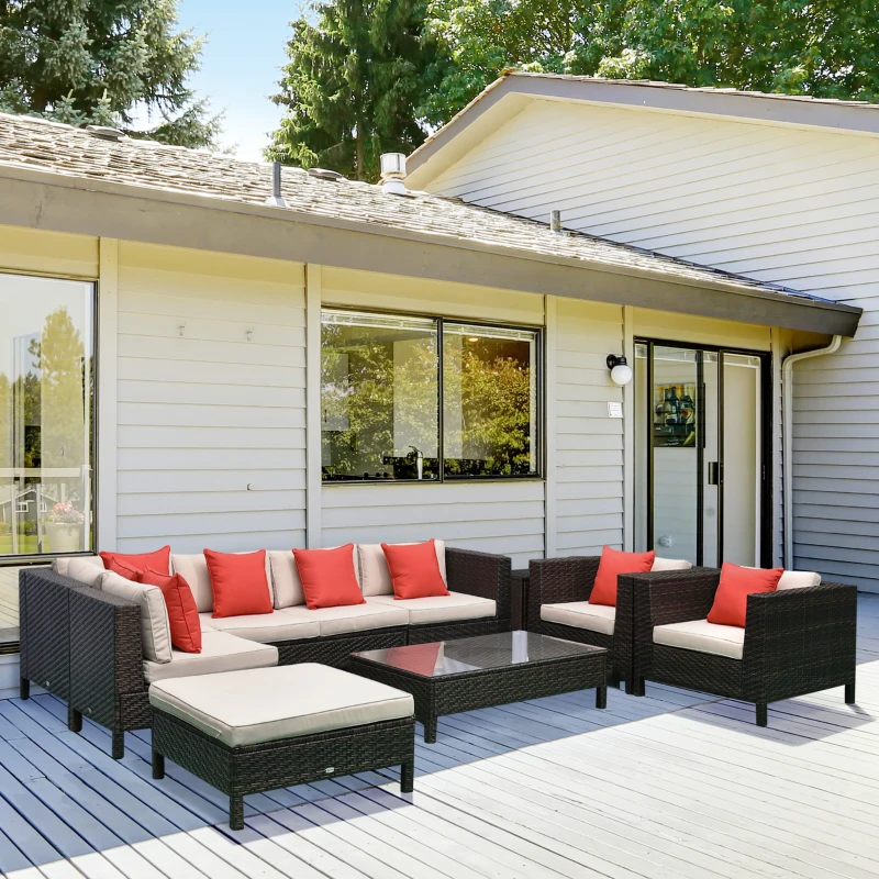 Outsunny Patio Furniture Set, 9 Piece Outdoor Sectional Sofa, All-Weather PE Rattan Wicker Conversation Set with Chairs, Ottoman, Loveseat, Coffee and Side Table, Cushions, Sand
