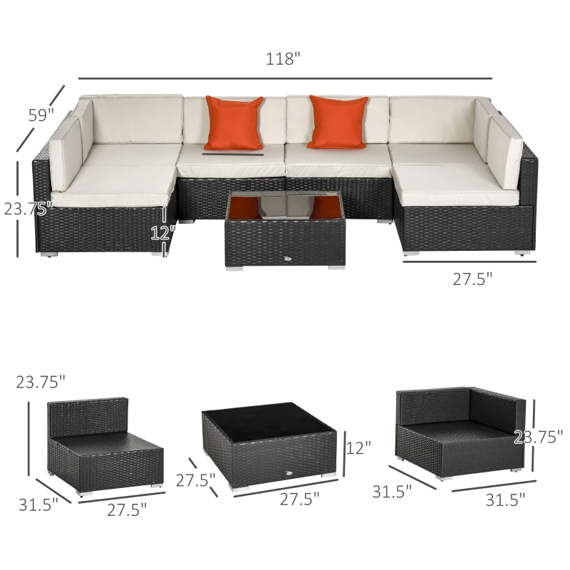 Outsunny 7 Piece Outdoor Patio Furniture Set, PE Rattan Wicker Sectional Sofa Set with Buckling Couch Cushions, Throw Pillows & Coffee Table, Dark Brown, Beige, Orange