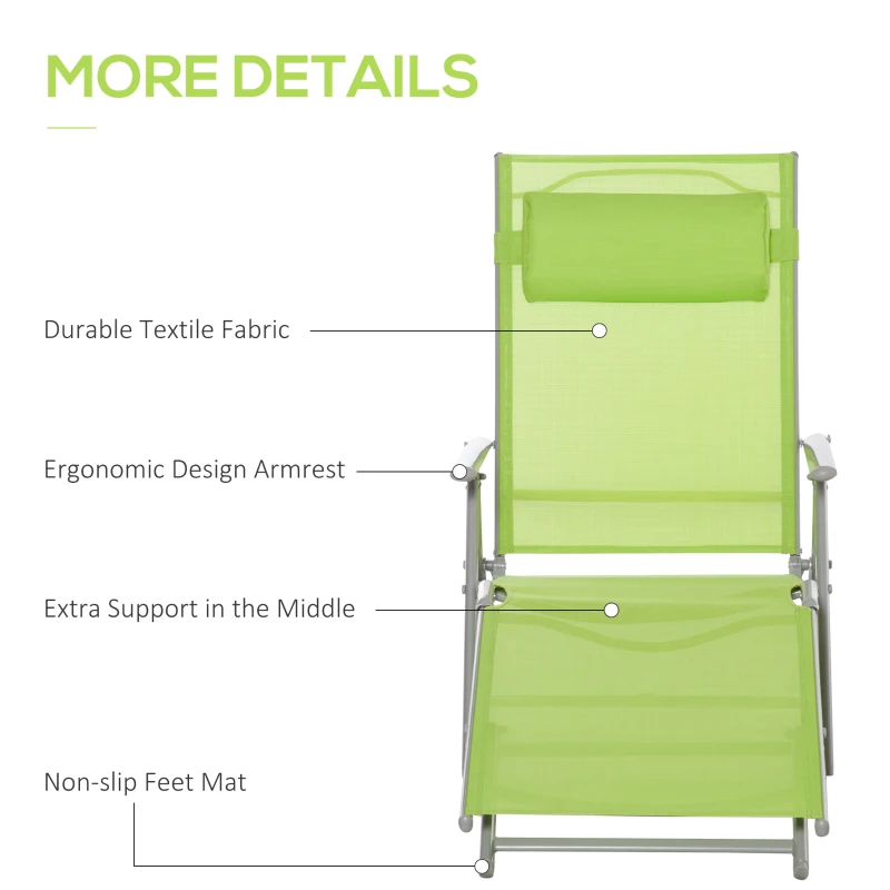 Outsunny Heavy-duty Adjustable Folding Reclining Chair Outdoor Sun Lounger Patio Chaise Lounge Garden Beach Gravity Lounge with Pillow, 7 Adjustable Backrest Positions, Green