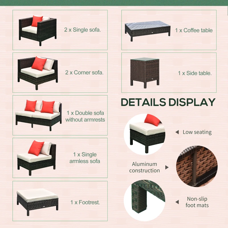 Outsunny Patio Furniture Set, 9 Piece Outdoor Sectional Sofa, All-Weather PE Rattan Wicker Conversation Set with Chairs, Ottoman, Loveseat, Coffee and Side Table, Cushions, Sand