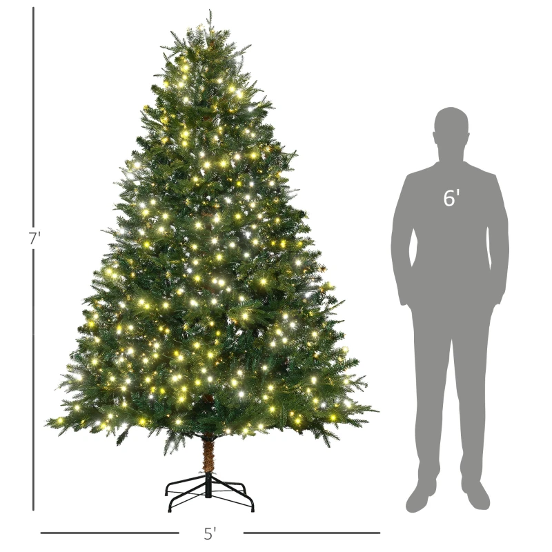 HOMCOM 7' Prelit Artificial Christmas Tree with 2393 Realistic Branches, Warm White LED Lights and 2393 Tips Green