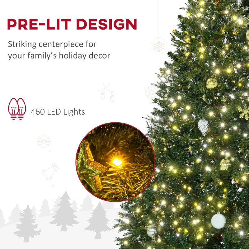 HOMCOM 7' Prelit Artificial Christmas Tree with 2393 Realistic Branches, Warm White LED Lights and 2393 Tips Green