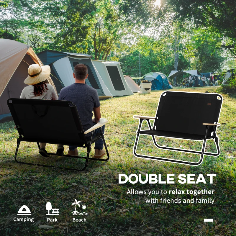 Outsunny Double Folding Camping Chair, Loveseat for 2 Adults, Portable Camping Couch with Wood Armrest & Cupholders, for Backpacking, Beach, Sports Travel, Black