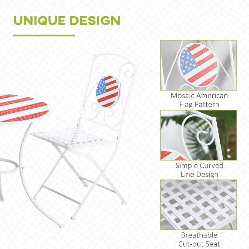Outsunny 3 Piece Patio Bistro Set, Folding Outdoor Furniture with USA Mosaic Table and Chairs, Portable Metal Frames for 4th of July, Balcony, Backyard, Poolside, Porch, American Flag