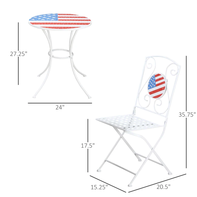 Outsunny 3 Piece Patio Bistro Set, Folding Outdoor Furniture with USA Mosaic Table and Chairs, Portable Metal Frames for 4th of July, Balcony, Backyard, Poolside, Porch, American Flag