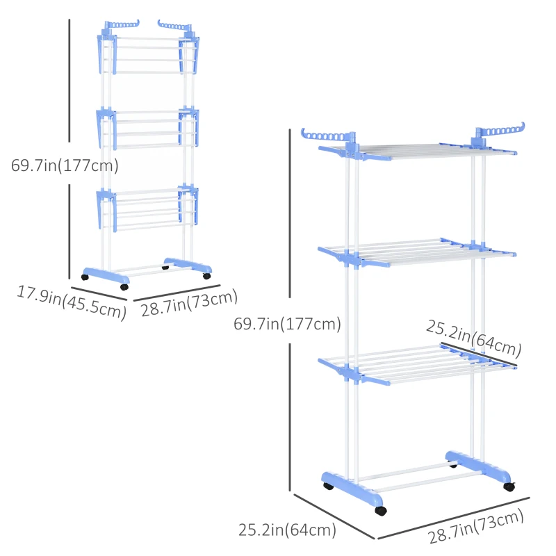 HOMCOM Foldable Clothes Drying Rack, 4-Tier Steel Laundry Rack for Drying Clothes with 2 Side Wings and 4 Castors, Indoor and Outdoor Use, Blue