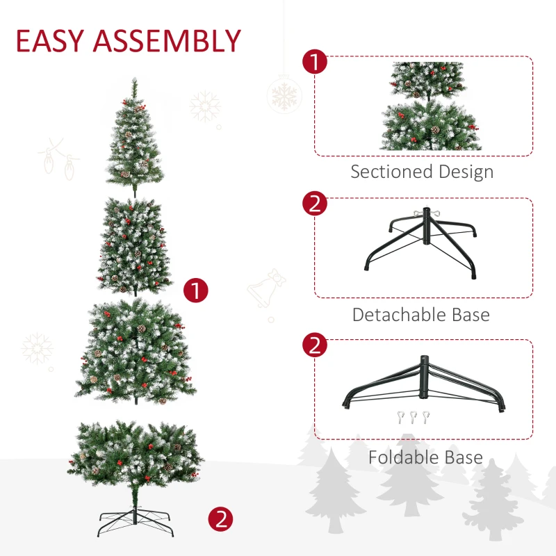 HOMCOM 9ft Pre-Lit Snow-Dipped Artificial Christmas Tree with Realistic Branches, 460 LED Lights, Pine Cones, Red Berries and 1298 Tips