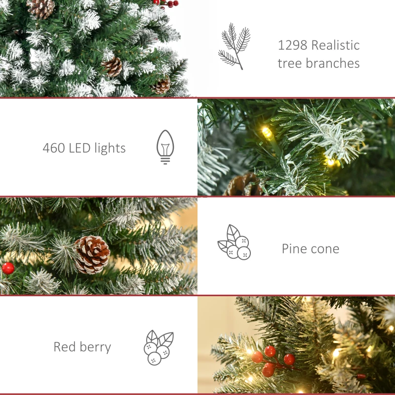HOMCOM 9ft Pre-Lit Snow-Dipped Artificial Christmas Tree with Realistic Branches, 460 LED Lights, Pine Cones, Red Berries and 1298 Tips