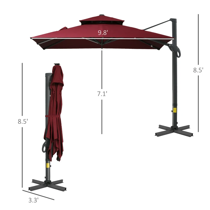 Outsunny 10ft Offset Patio Umbrella, Hanging Cantilever Umbrella, Square Shape, Aluminum Cross Base, Tilt, 360-Degree Rotation, Red