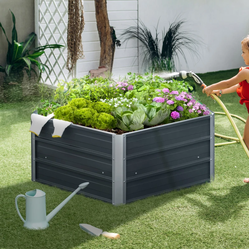 Outsunny 40'' Hexagon Raised Garden Bed, Outdoor Metal Planter Box with Gloves, for Backyard, Patio to Grow Vegetables, Herbs, and Flowers, Gray