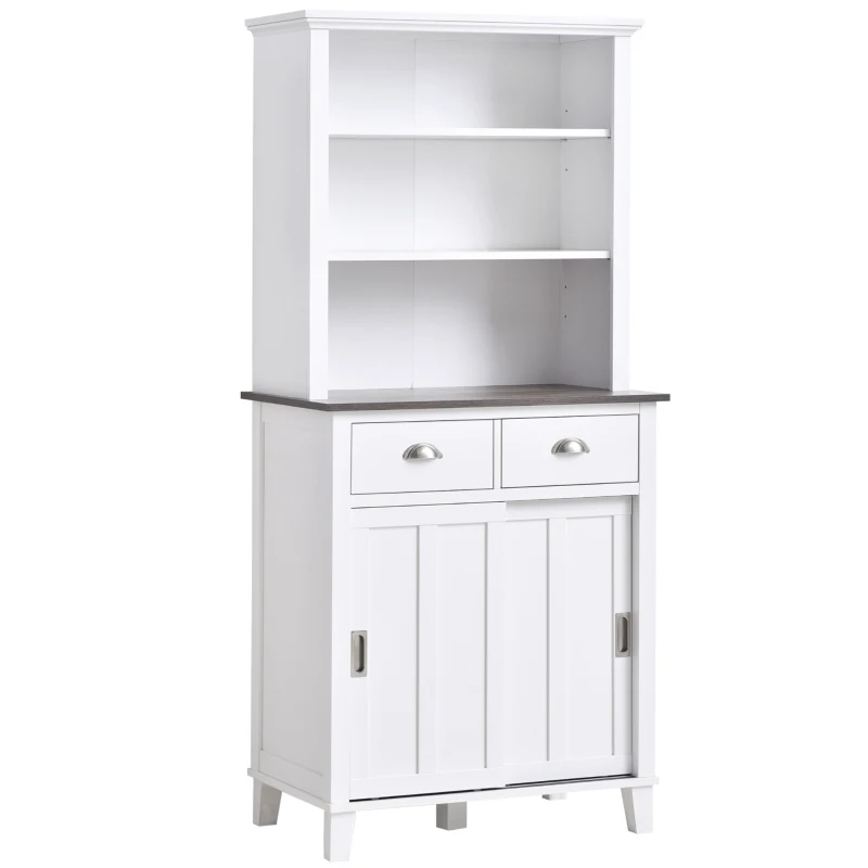 HOMCOM 66.5" Freestanding Kitchen Pantry Cabinet, Buffet with Hutch, Sliding Doors and Adjustable Shelves, White