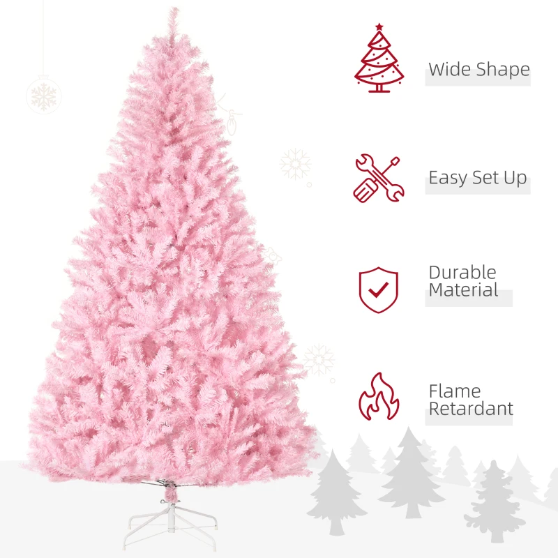 HOMCOM 7' Artificial Pink Christmas Trees, with Auto Open, Steel Base, Wide Shape for Indoor Xmas Decoration
