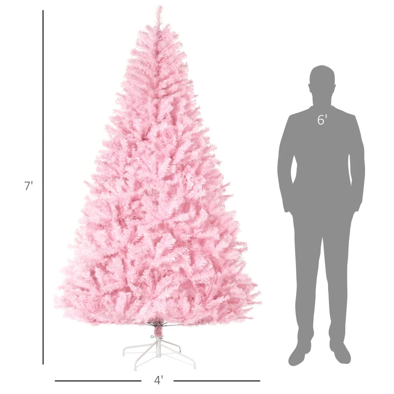 HOMCOM 7' Artificial Pink Christmas Trees, with Auto Open, Steel Base, Wide Shape for Indoor Xmas Decoration