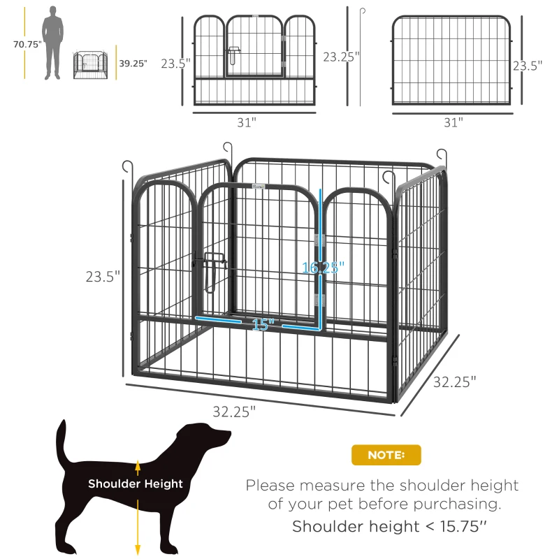 PawHut Metal Pet Playpen Puppy Dog Exercise Fence Pen with Gate Door Indoor Outdoor for Small Animal Rabbit, 32.25"x32.25"x23.5"