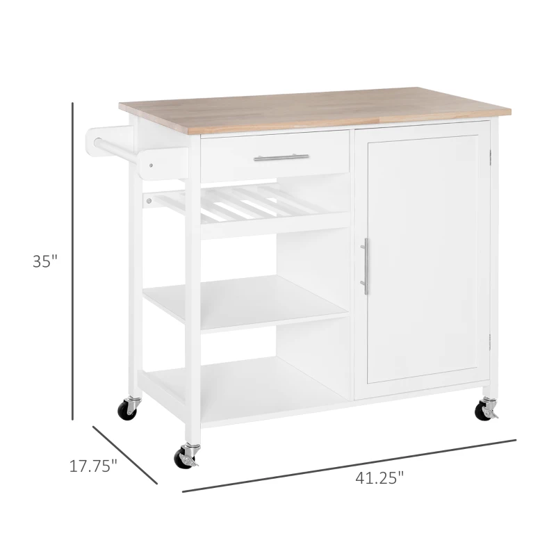 HOMCOM Rolling Kitchen Island with Storage, Kitchen Cart with Solid Wood Countertop, Drawer, Adjustable Shelf and Wine Rack, White