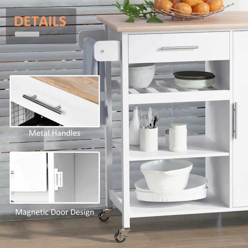 HOMCOM Rolling Kitchen Island with Storage, Kitchen Cart with Solid Wood Countertop, Drawer, Adjustable Shelf and Wine Rack, White