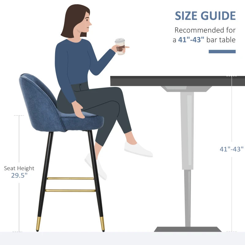 HOMCOM Set of 2 Mid-Back Upholstered Barstools Fabric Bar Chairs with Gold-Capped Steel Legs, Backrest and Footrest, Blue