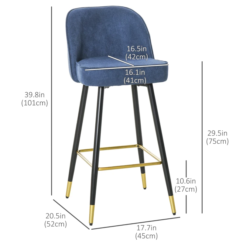 HOMCOM Set of 2 Mid-Back Upholstered Barstools Fabric Bar Chairs with Gold-Capped Steel Legs, Backrest and Footrest, Blue