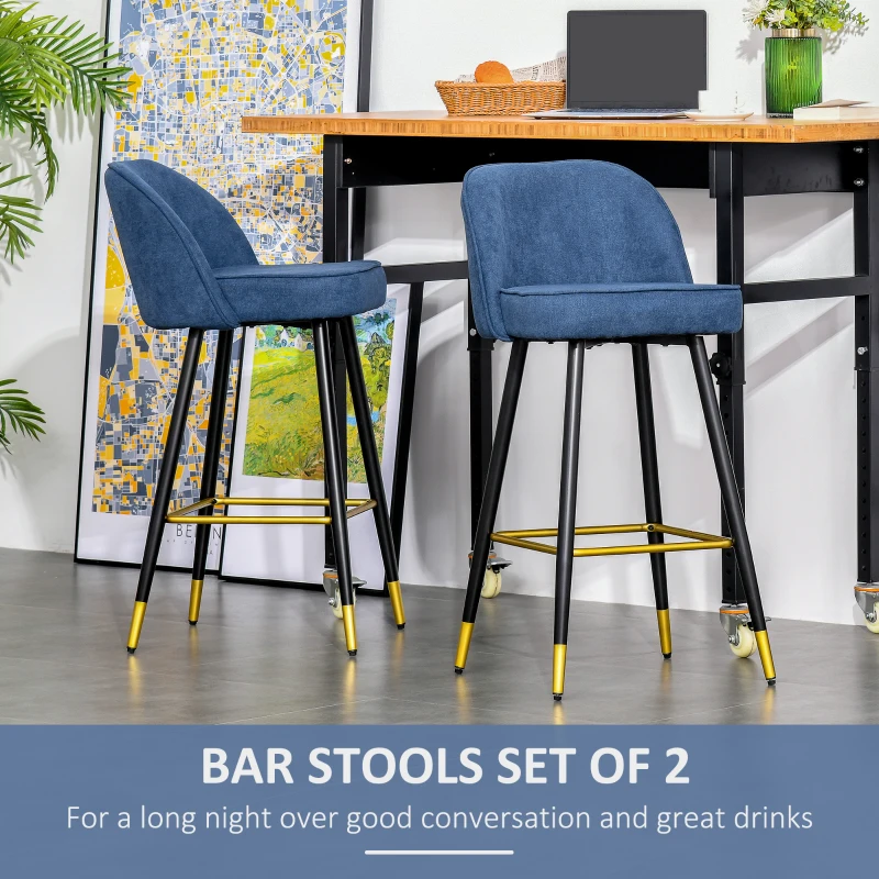HOMCOM Set of 2 Mid-Back Upholstered Barstools Fabric Bar Chairs with Gold-Capped Steel Legs, Backrest and Footrest, Blue